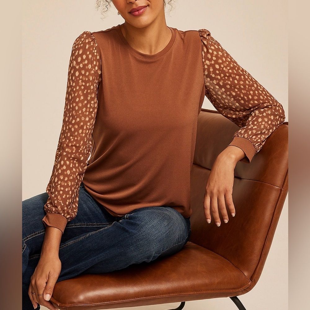 Maurices Printed Mesh Puff Sleeves Top Brown Large Nwt
